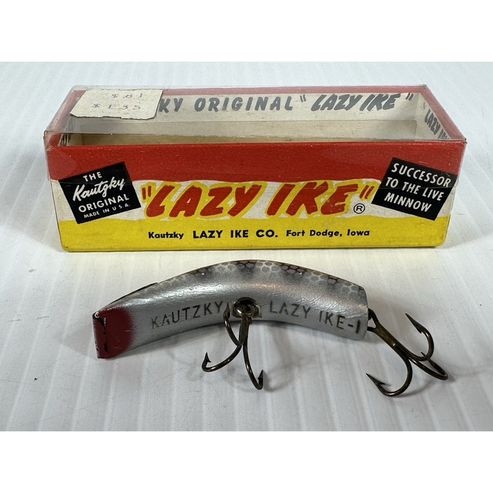 Vintage Kautzky Lazy Ike 1 KL-1 SIL Wooden Fishing Lure Original Box Brochure